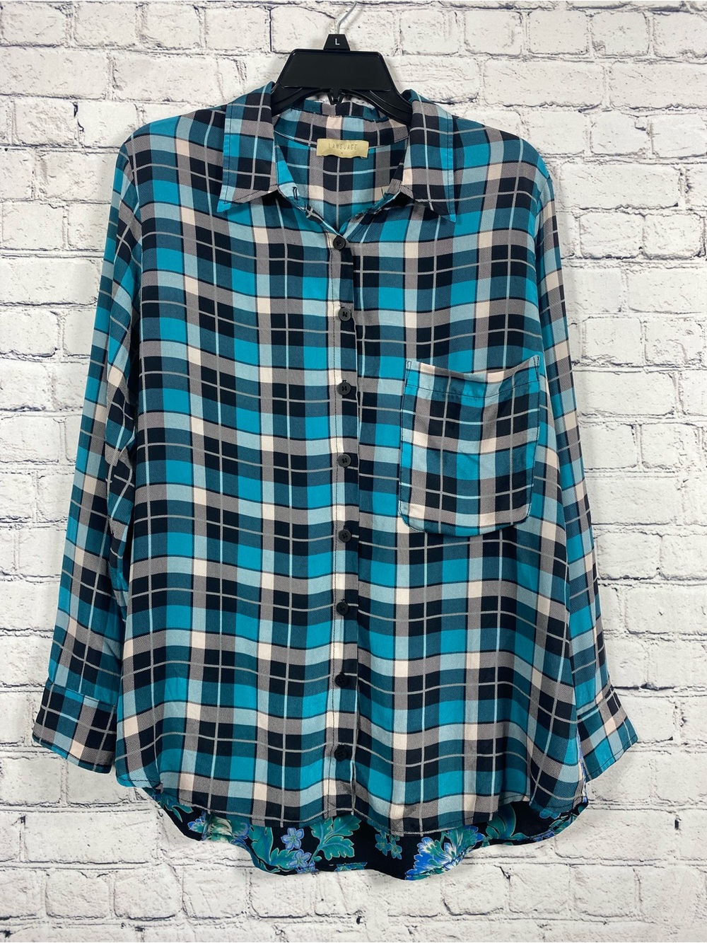 Language Mixed Print Plaid Floral Button Front Blouse Blue Black Long Sleeve M